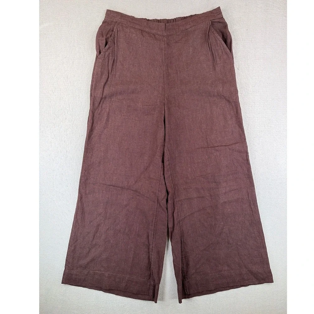 Free People Brown Linen Blend Wide Leg Crop Pants Elastic Waist Boho Women Small